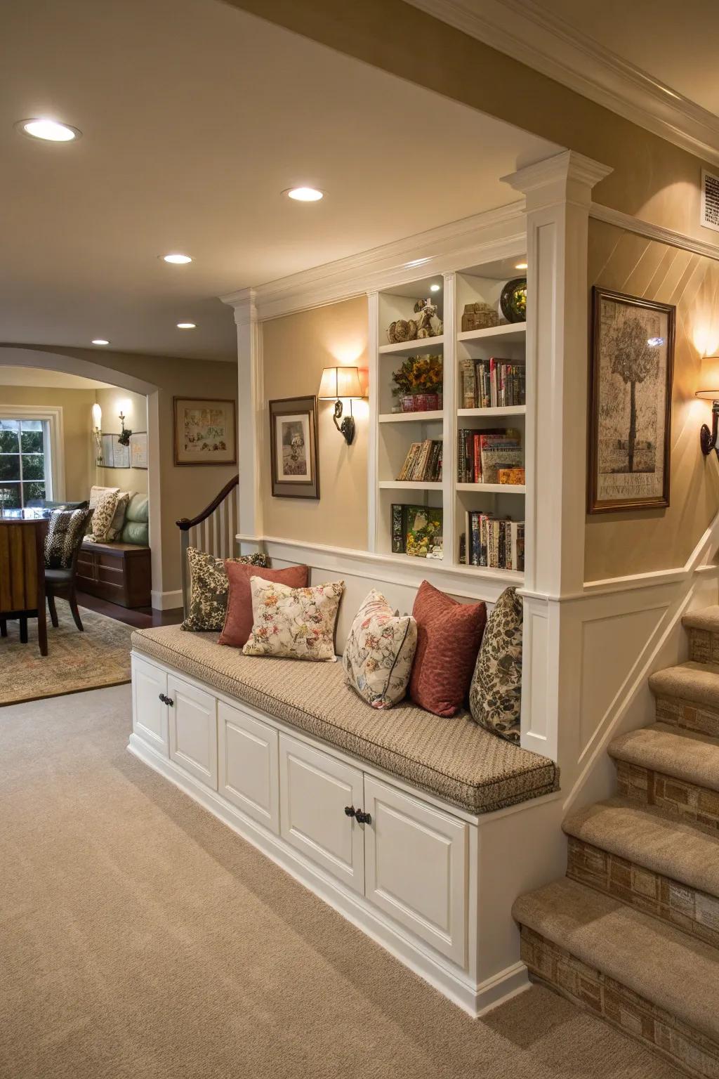A living area with a half wall that includes built-in seating and storage for increased utility.