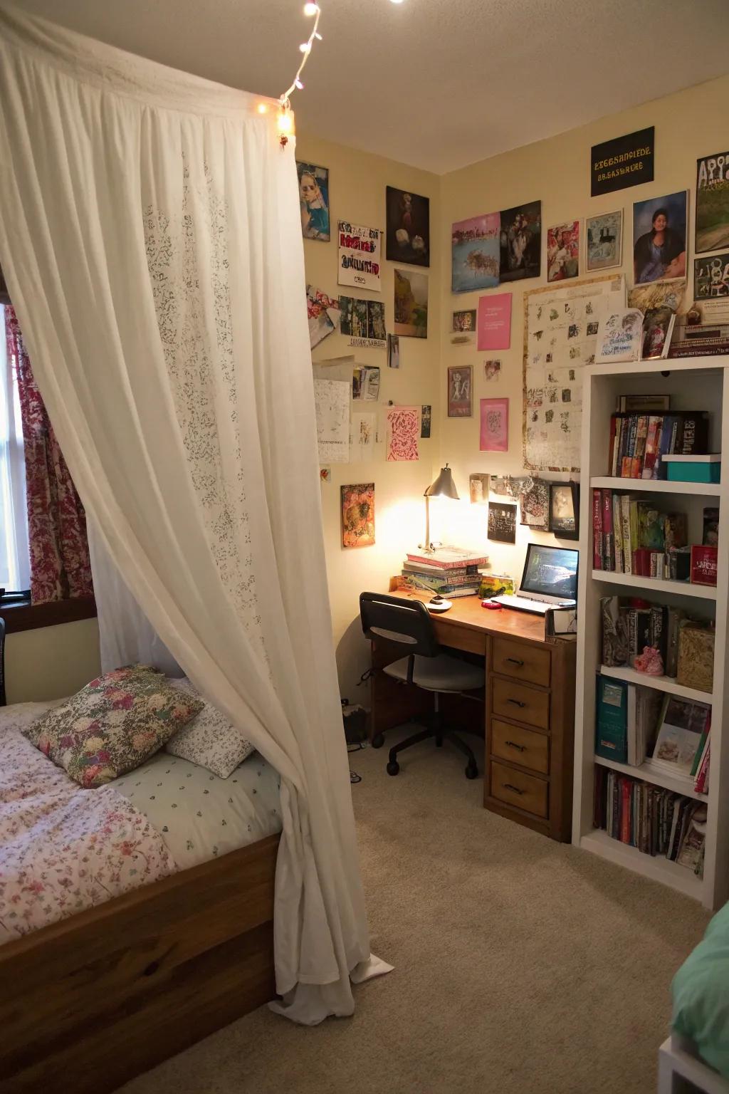 Curtains enclosing the bed fashion a snug and private nook.