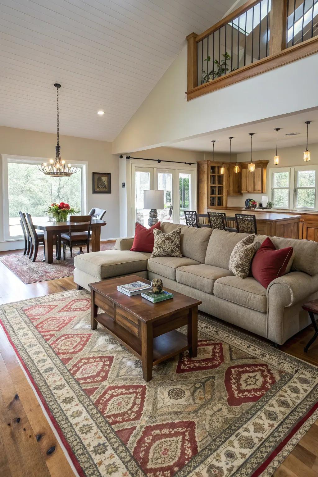 Sections defined in an open space using strategic furniture placement.