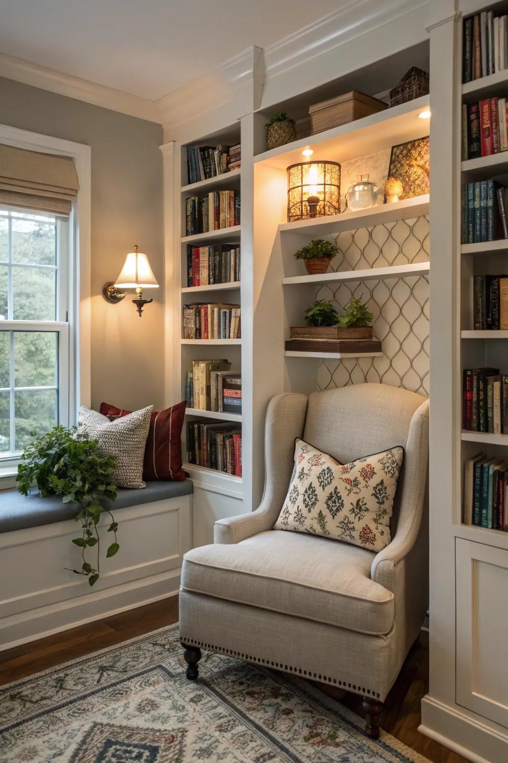 A reading nook combines relaxation and organization beautifully.