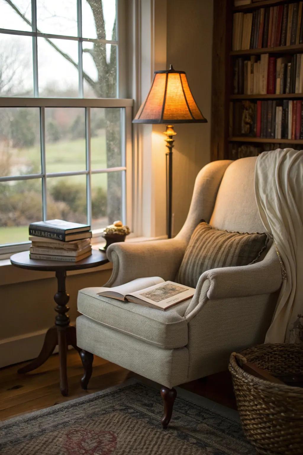 A cozy reading nook that encourages you to unwind and relax.