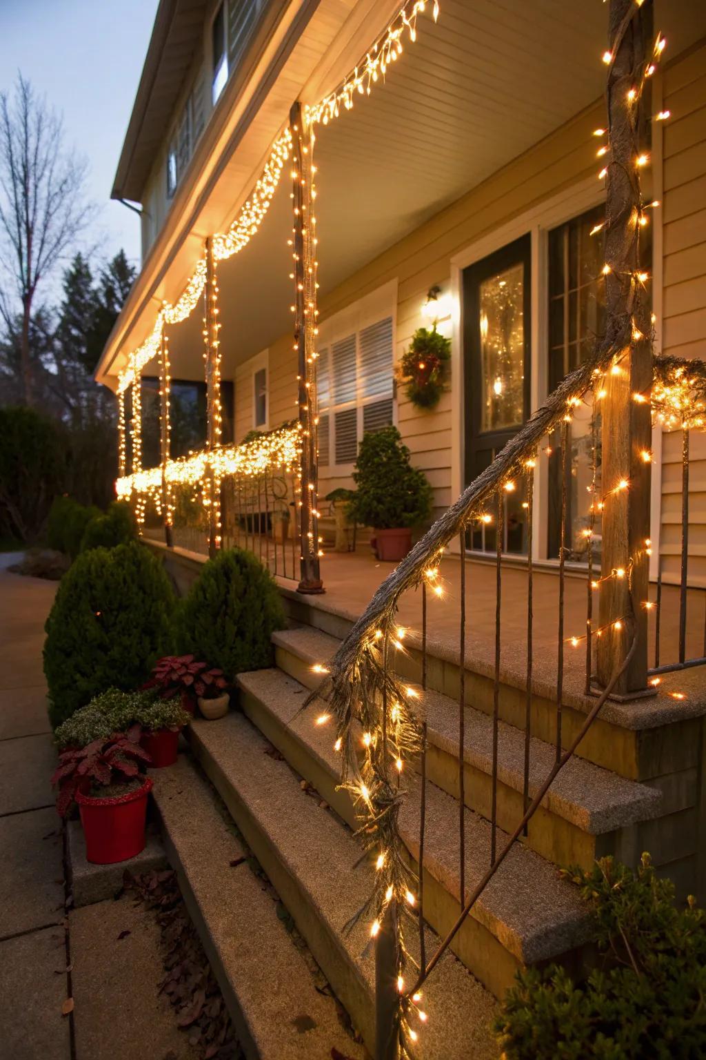 Create a festive front porch with holiday ribbon lights.
