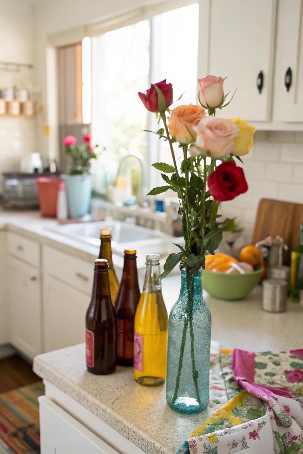 Playful and inventive through the presentation of an eclectic bottle assembly.