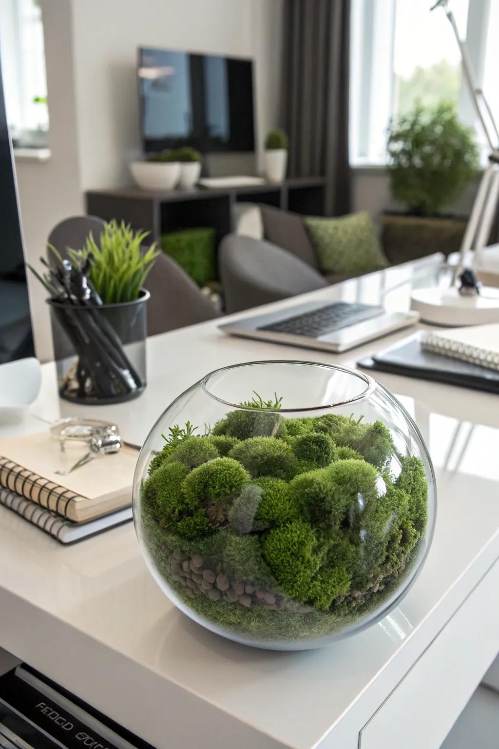Imitation plant fibers within a clear bowl delivers a lush and green home design element.