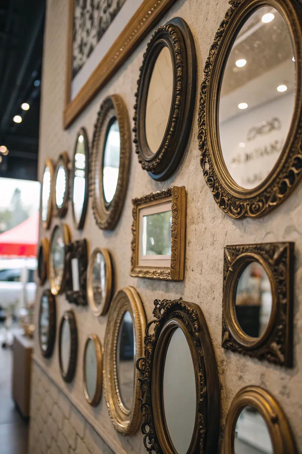 A wall featuring an array of vintage round features with fancy frames.