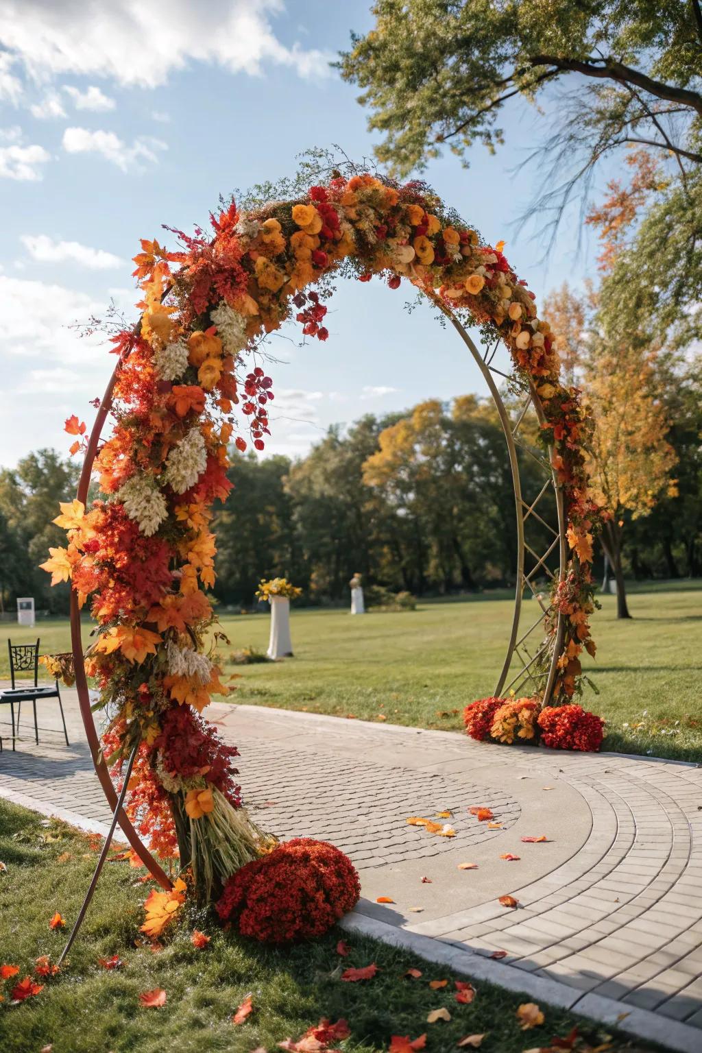A seasonal circular wedding arch with autumn elements.