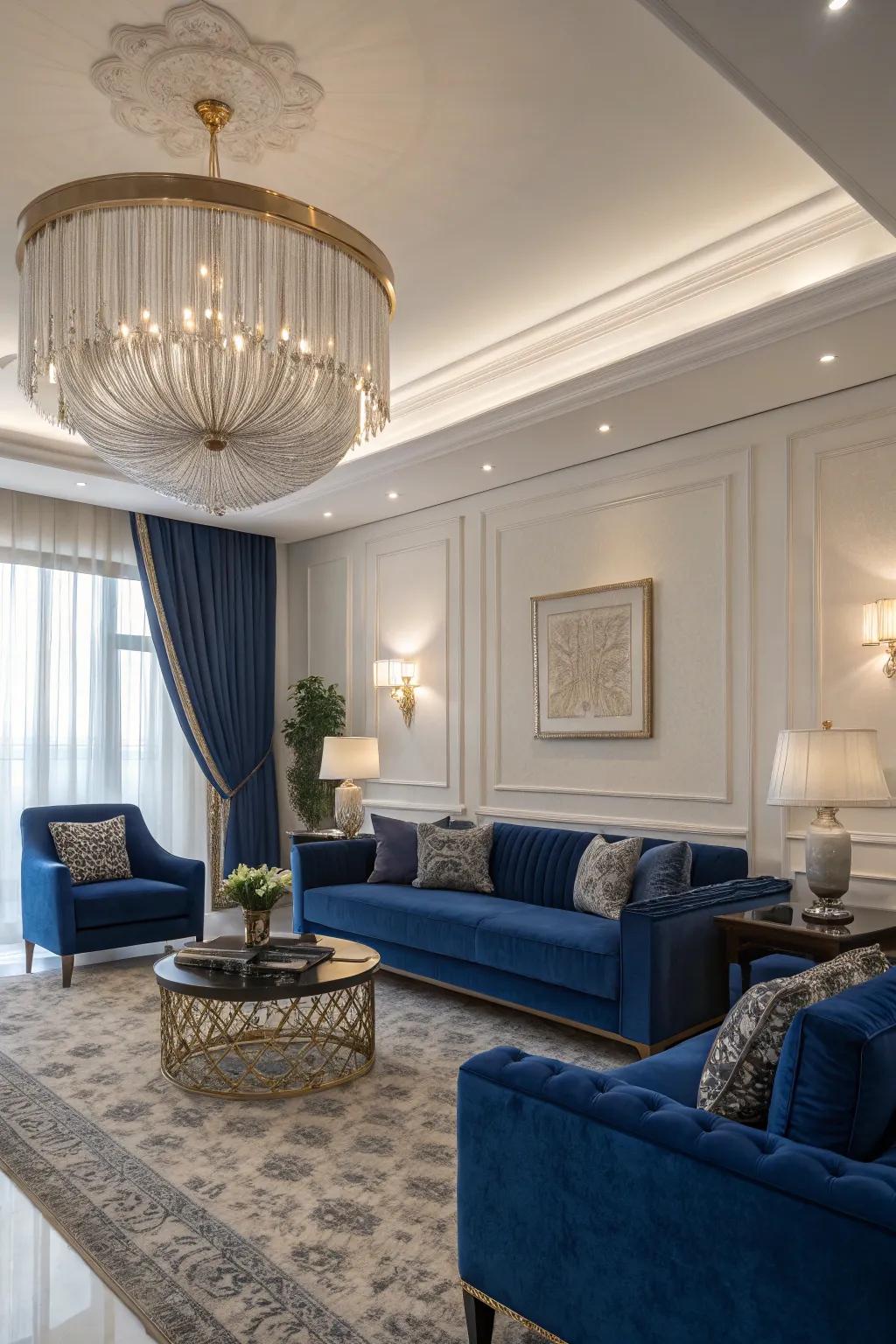 Unique lighting fixtures highlight the elegance of a royal blue theme.