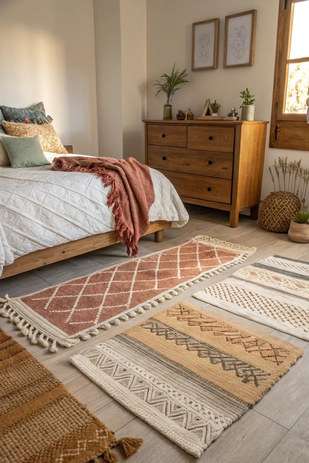 Layering rugs establishes a lively and textured presentation.