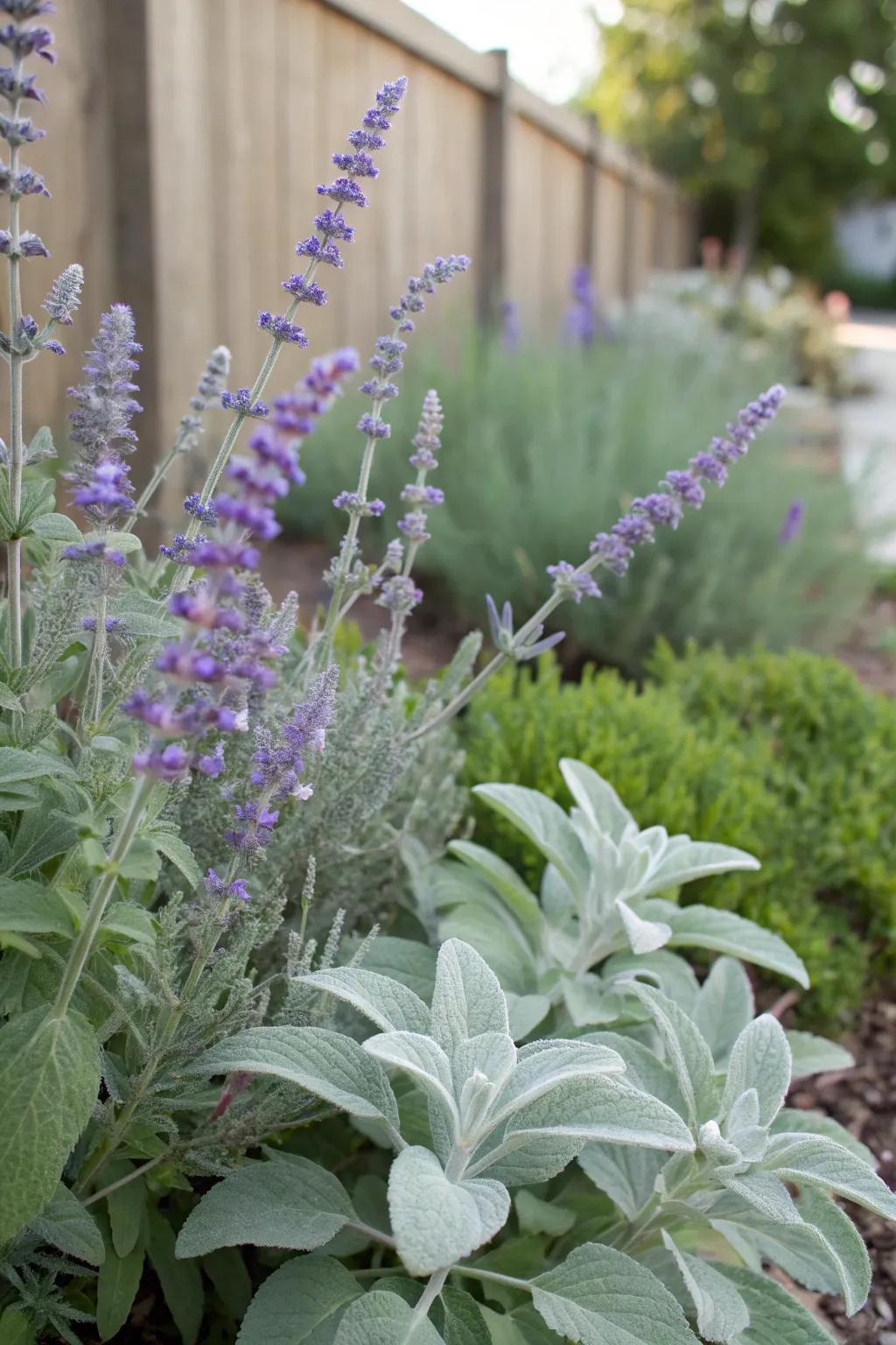 A texture-rich garden with Azure Beauty and lamb's ear.