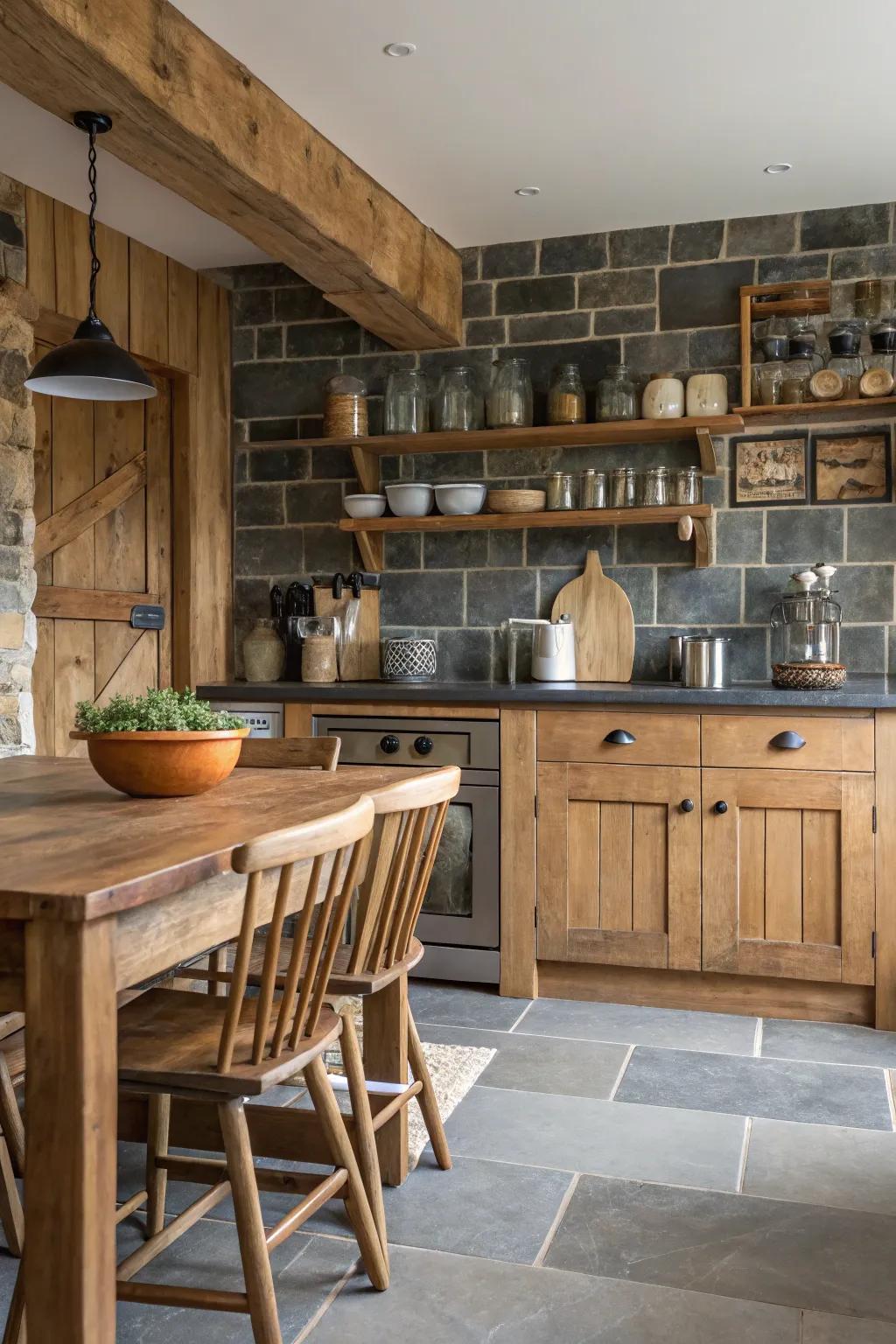 Slate tiles add a sophisticated rustic charm to the kitchen.