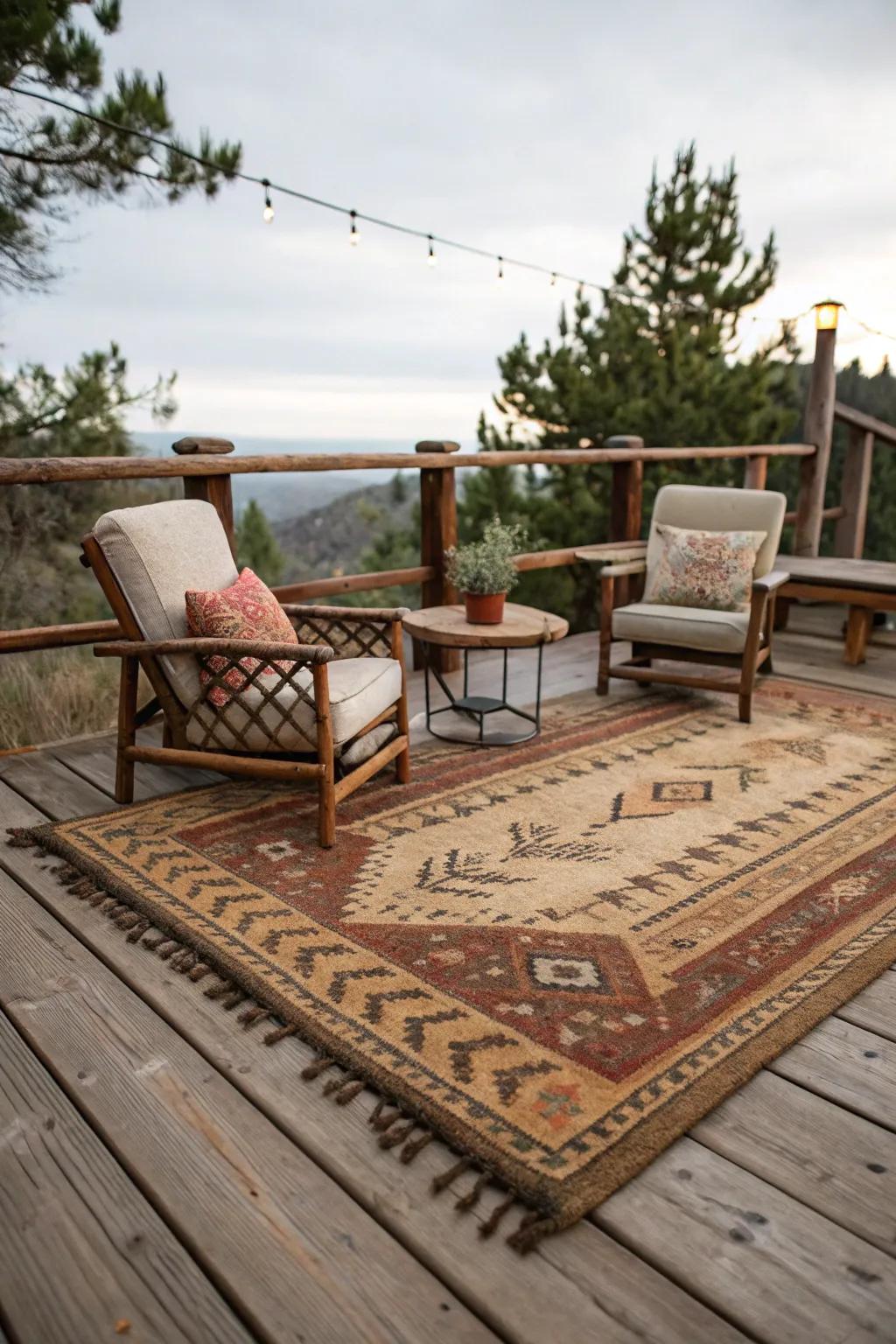 An outdoor rug enhances comfort and style on this deck.