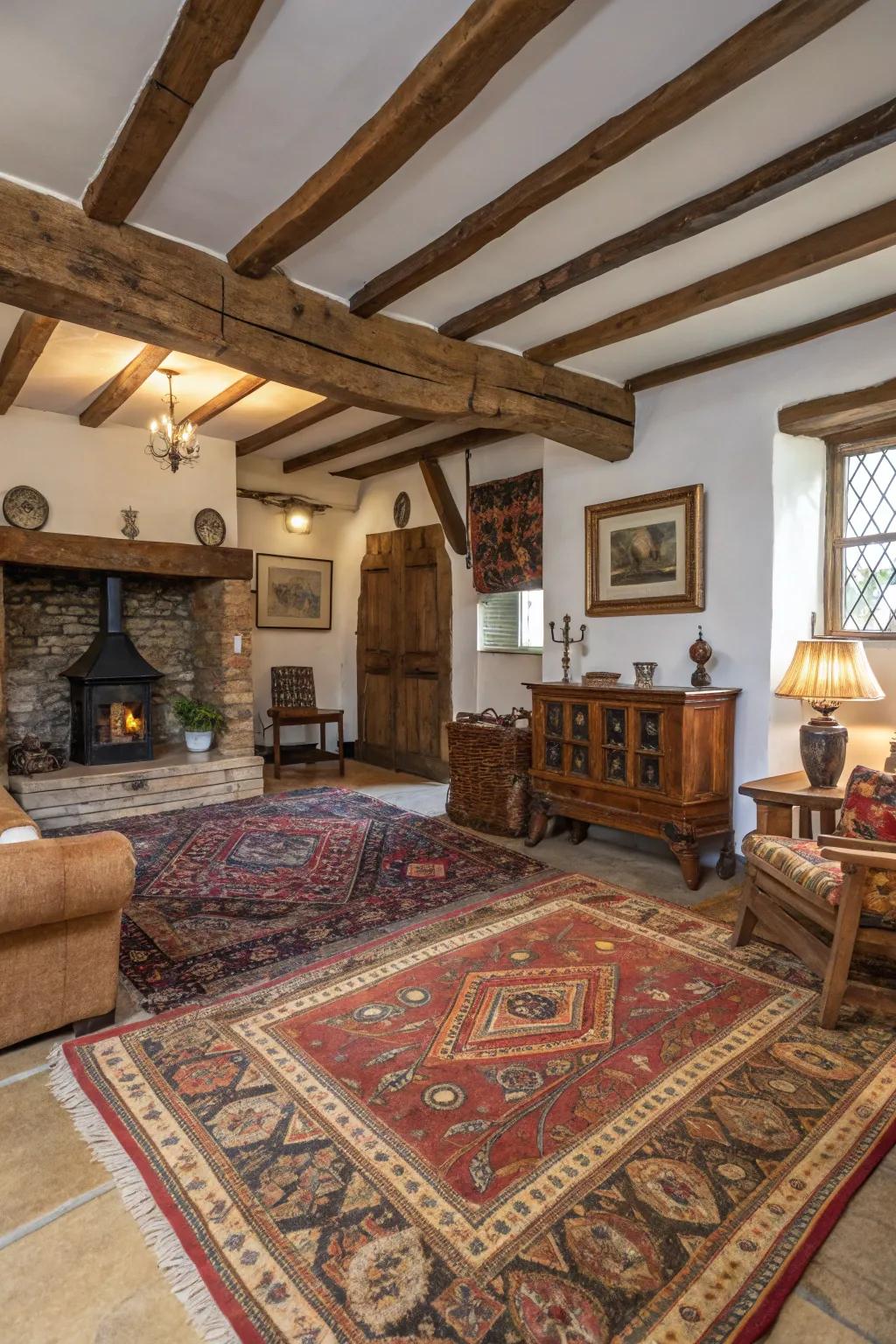 Vintage rugs bring warmth and character to this family room.