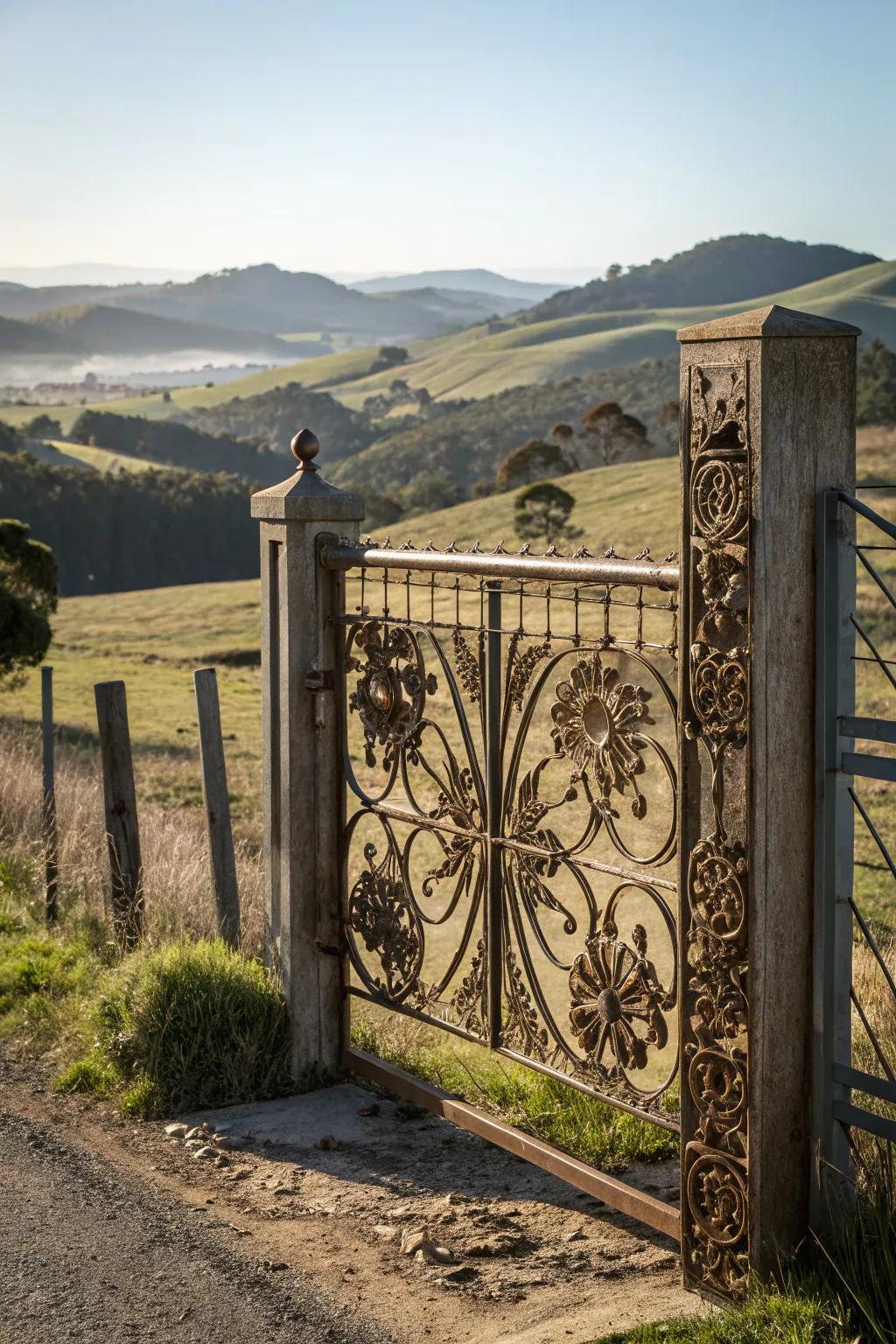 A farm portal with striking artistic metallic inlays.