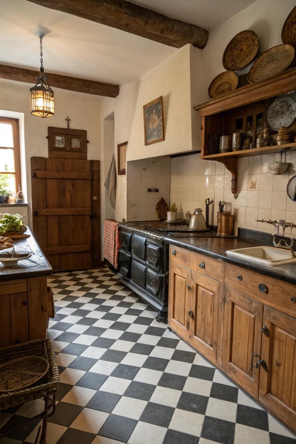 Checkerboard patterns add vintage charm to kitchens.