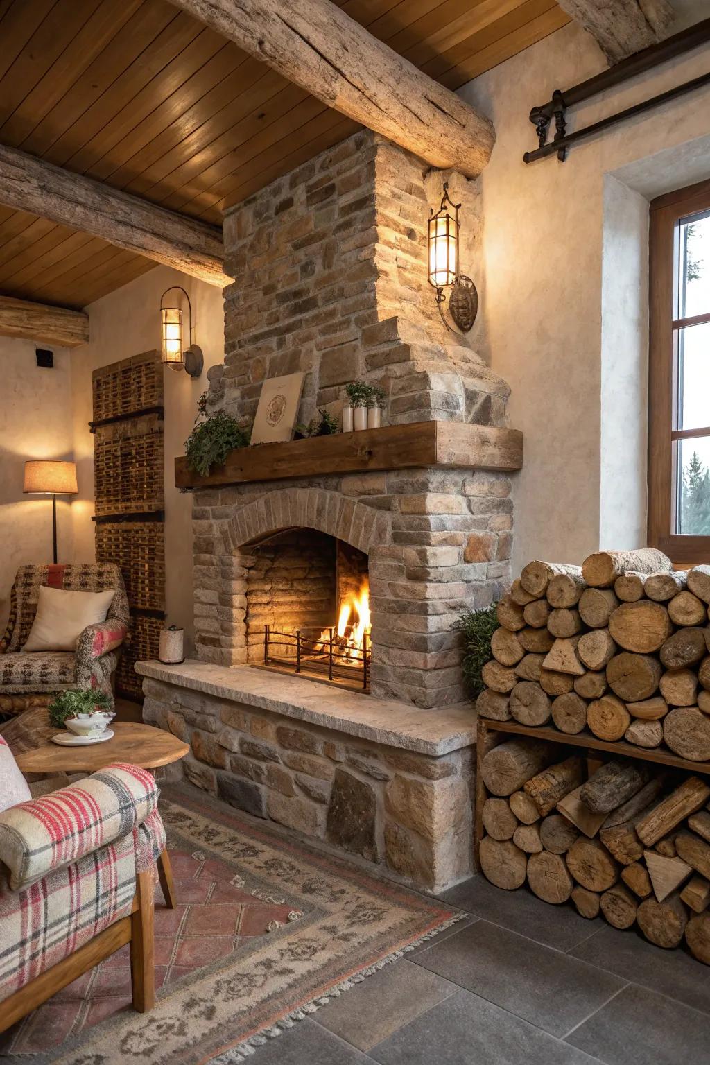 Integrated log storage adds practicality and charm to this fireplace.