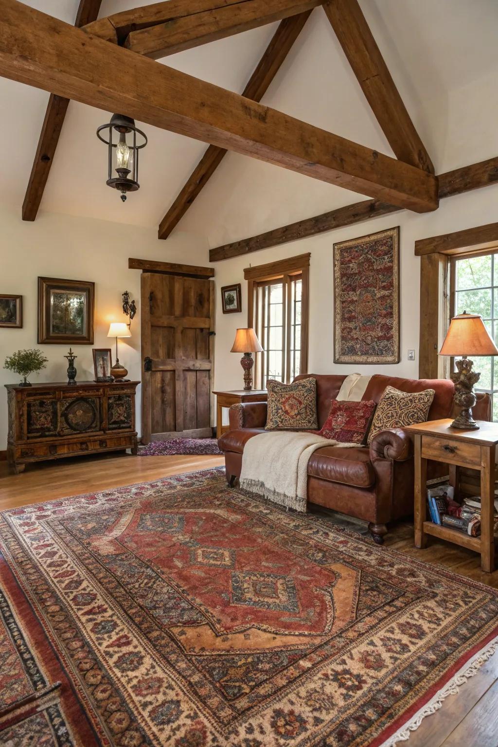 Vintage rugs add depth and intricate patterns to rustic living rooms.