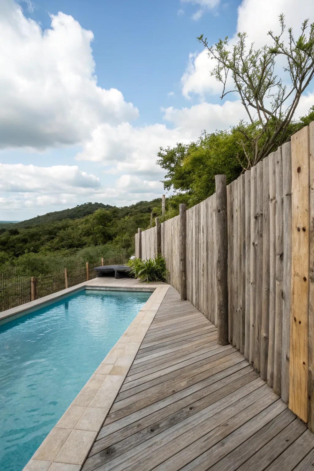Reclaimed wood segments bringing vintage charm to the poolside.