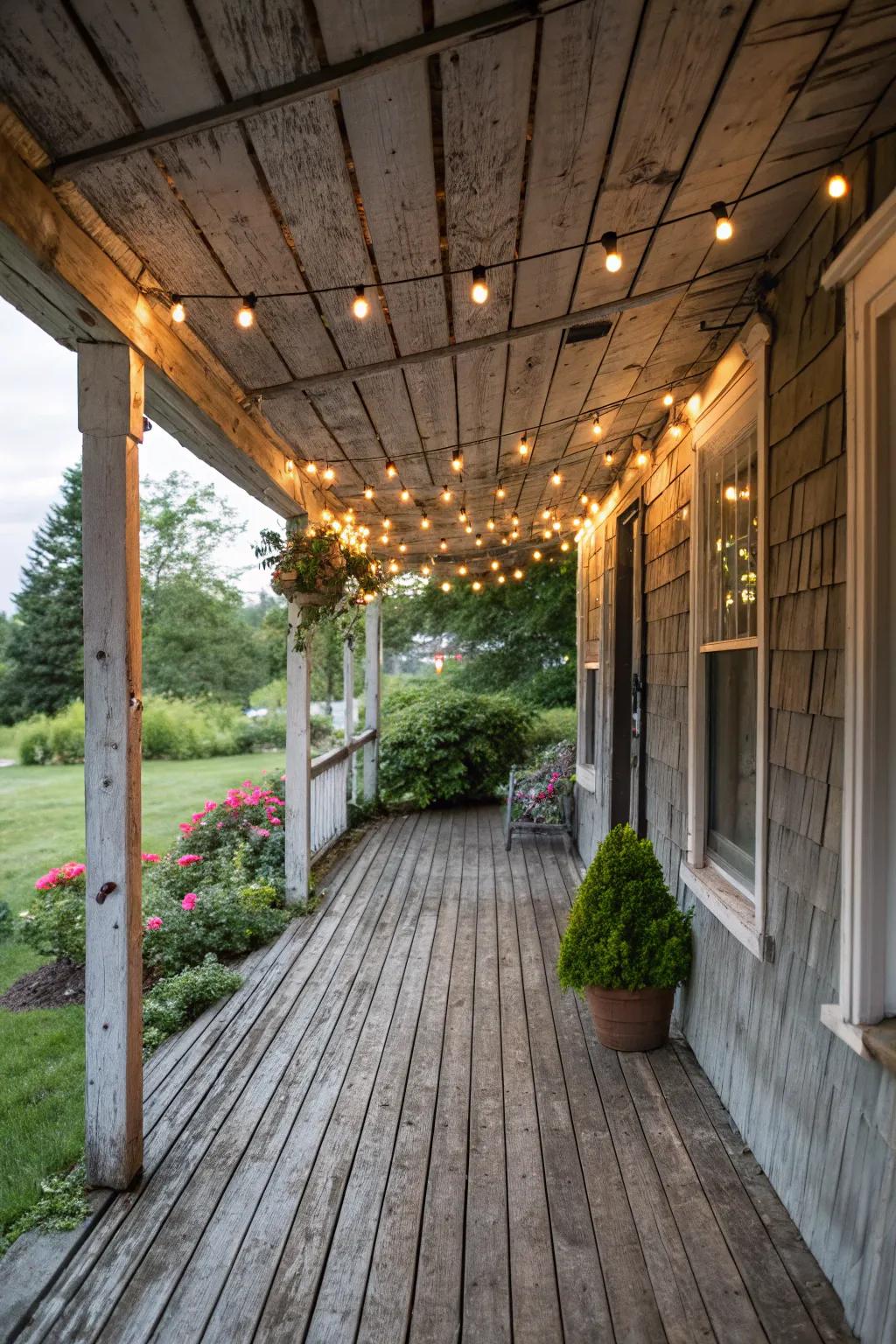 Fairy lights impart a magical glow to rustic porches.