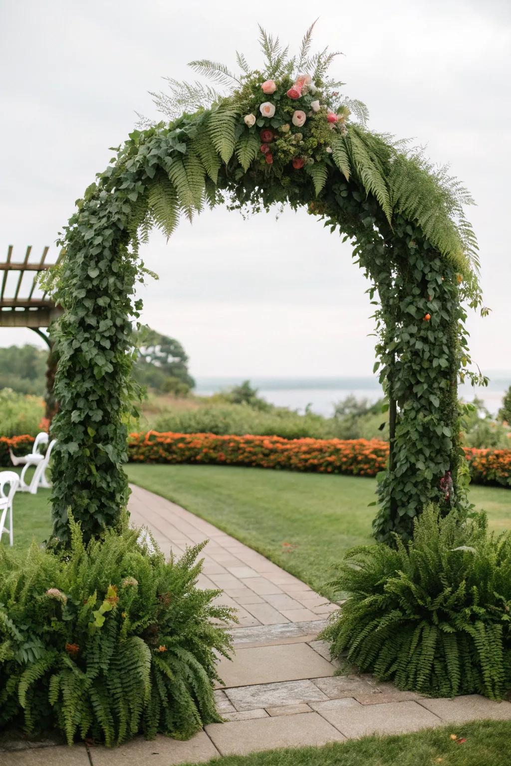 An arch enveloped in greenery, presenting a rich and natural vibe.