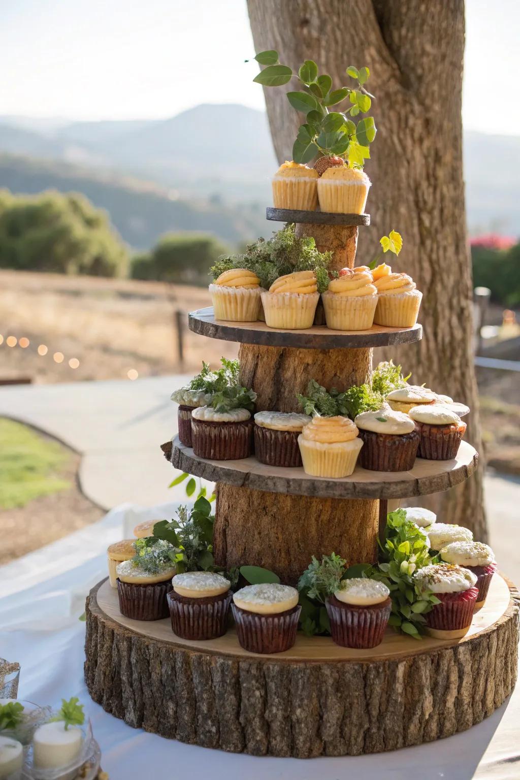 Tiered wood slices create a dynamic cake presentation.