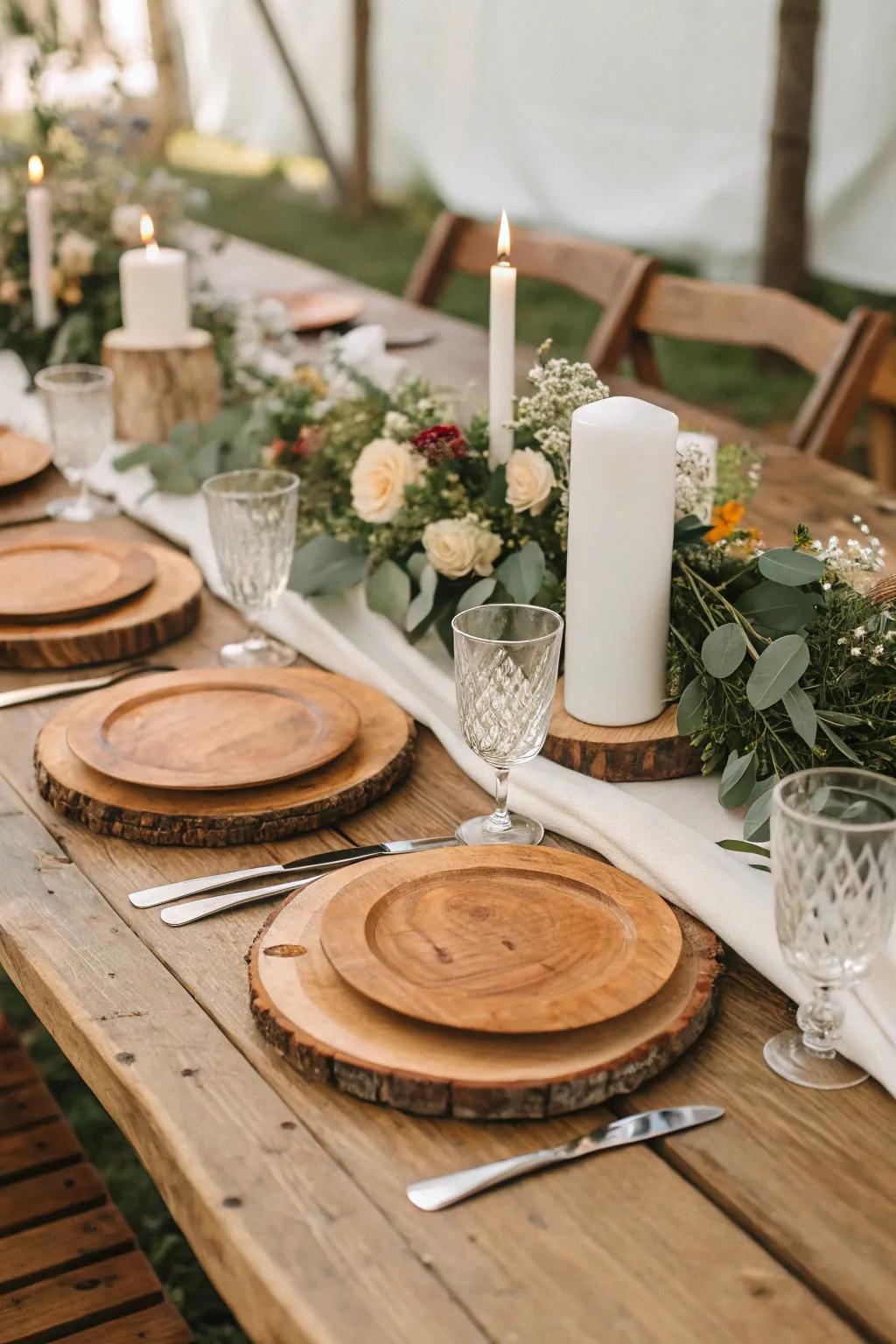 Timber chargers providing an earthy base to the table arrangement.