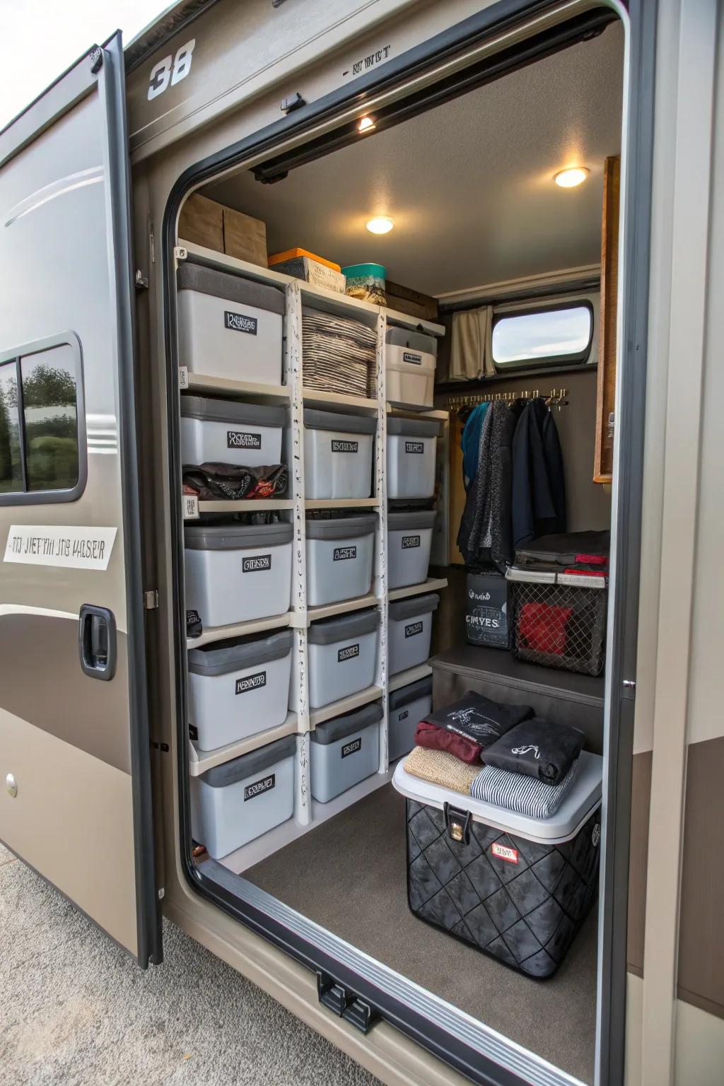 Slide-out bins facilitate access to deep storage areas.