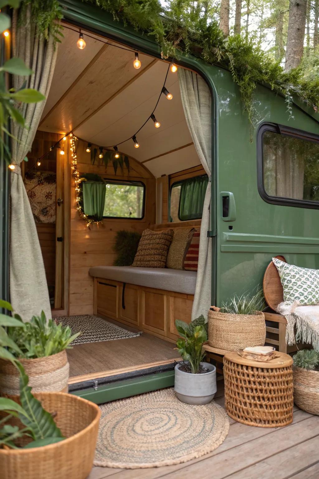 Earthy greens create a soothing, nature-inspired RV interior.