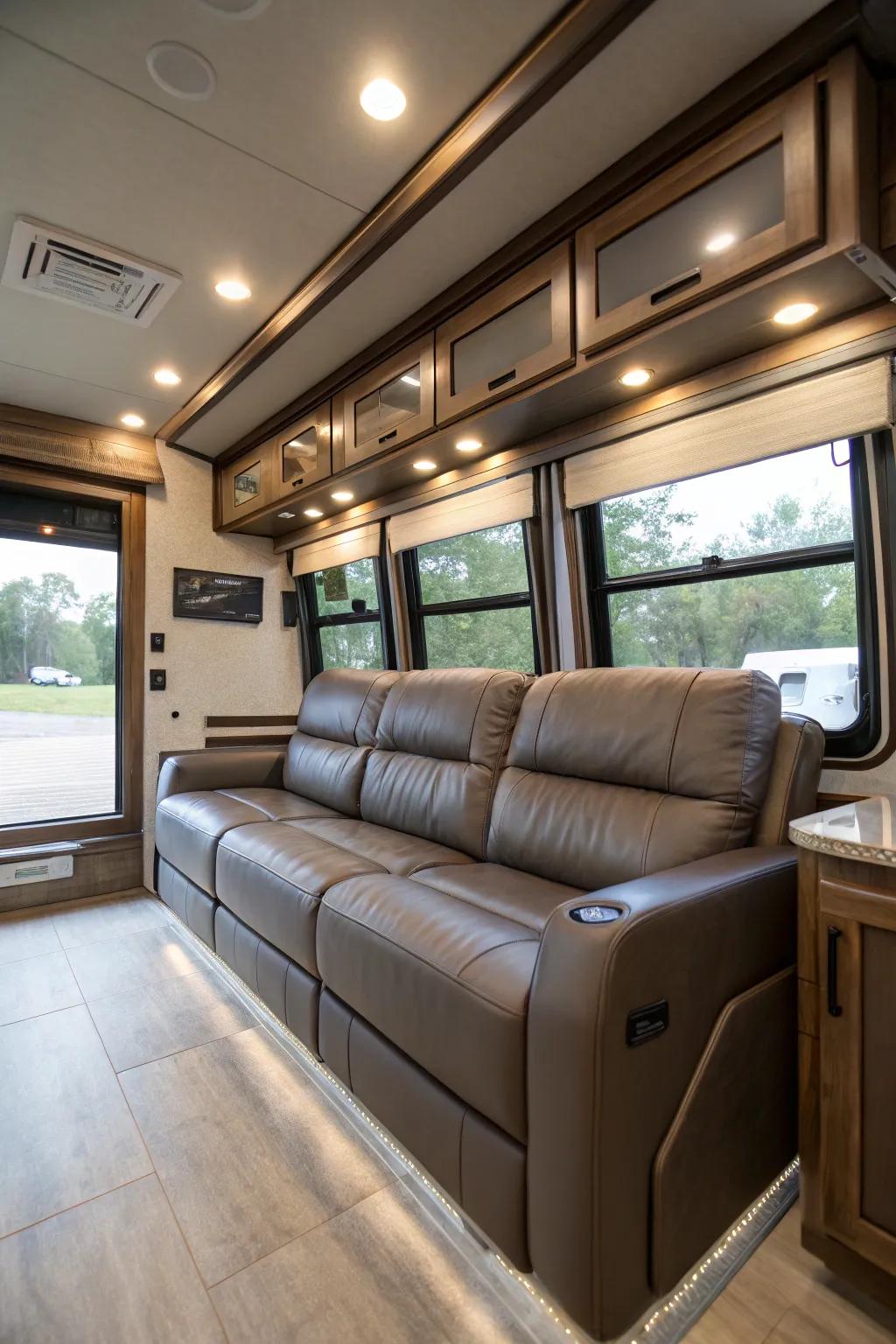 Leather couches enhance RV spaces with timeless elegance.