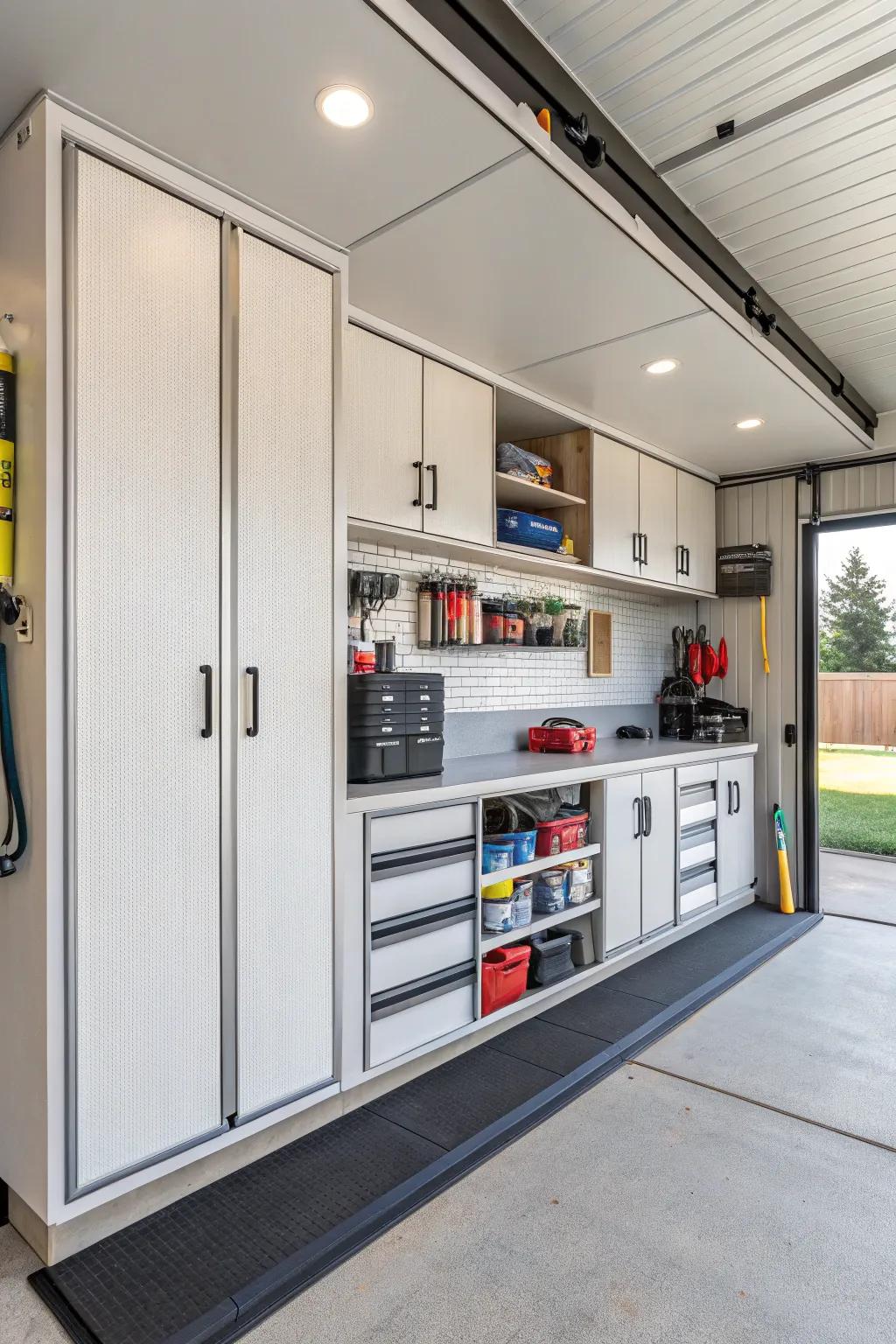 Smart storage solutions in an RV garage for an organized and tidy space.