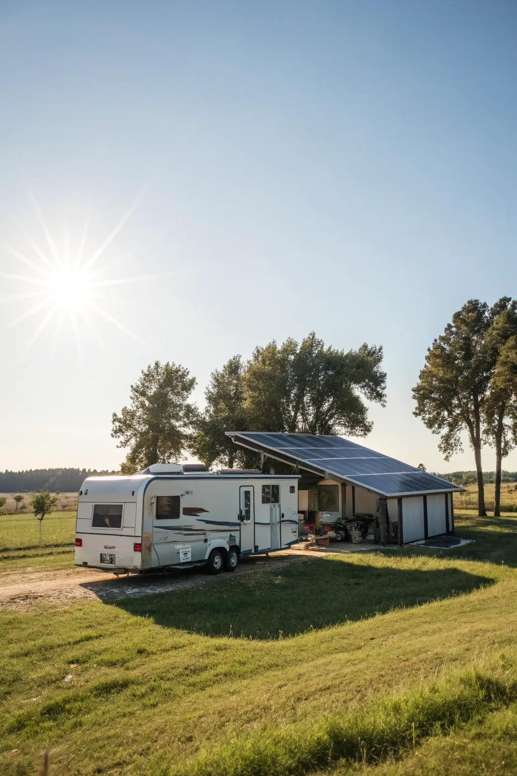 An RV shelter with solar collectors, combining practicality with sustainability.