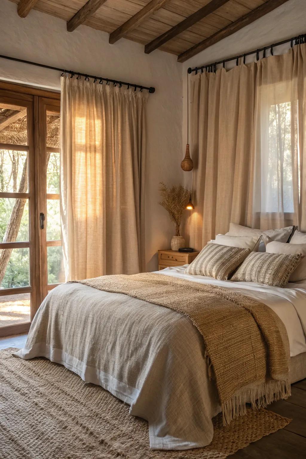 Rough materials add depth and warmth to the bedroom.
