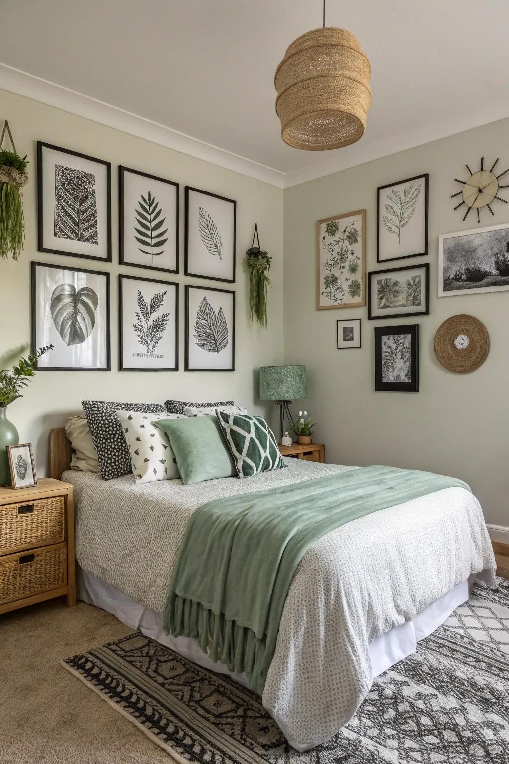 Varied wall art adds character and depth to a calming bedroom space.