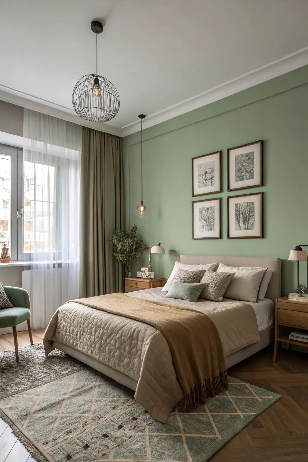 Mixing soft green with neutral tones fashions a soothing, harmonious sleeping quarters.