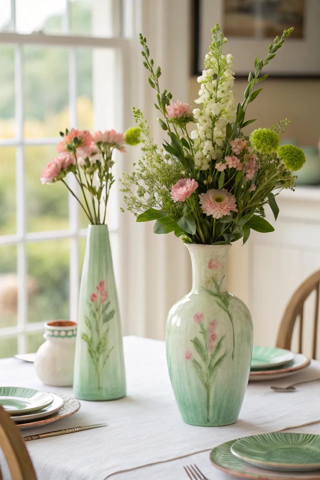 Whimsical watercolor vases with sage green touches for an artistic accent.