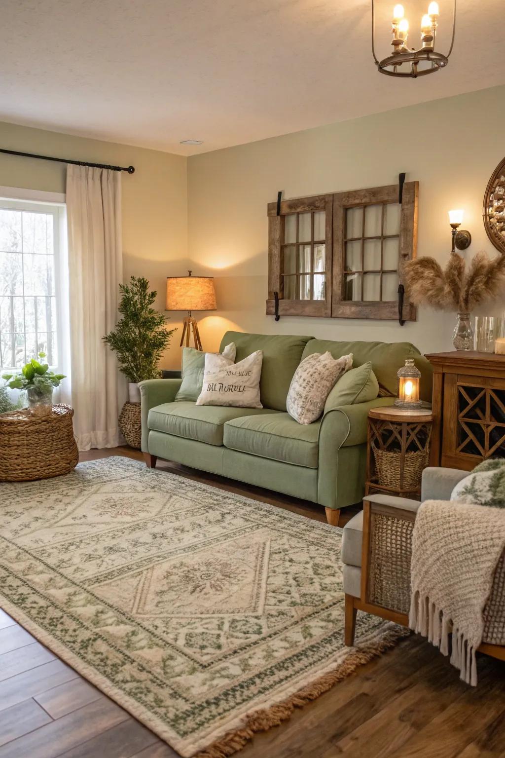 A country style rug adds warmth and definition to a sage green living room.