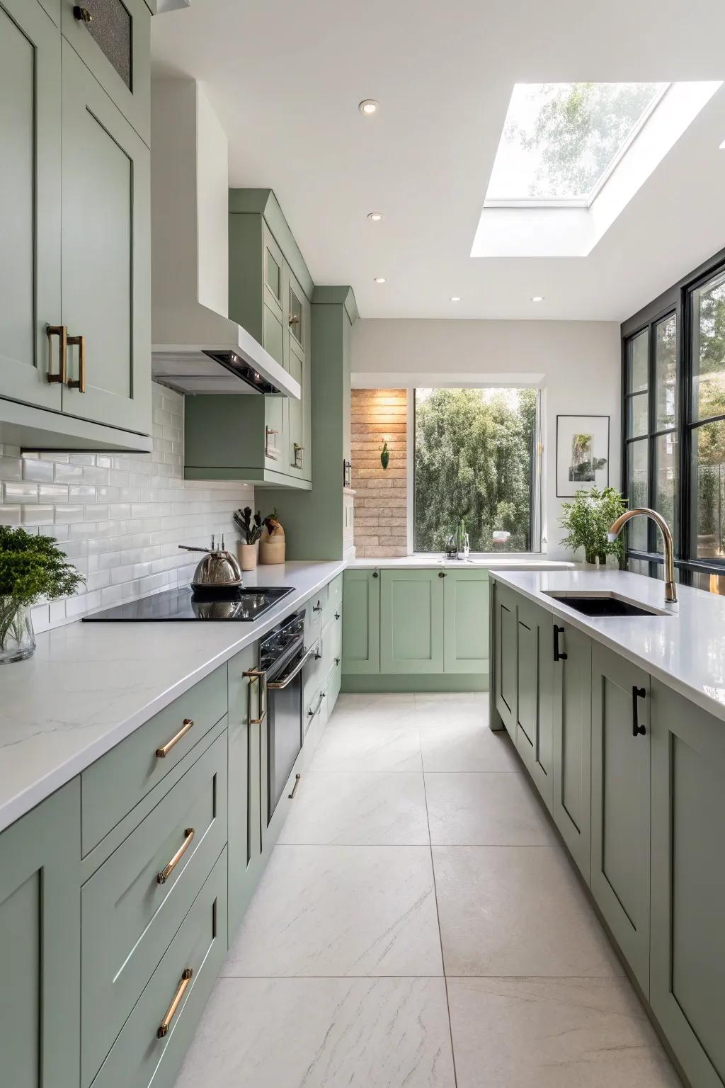 A kitchen featuring a classic sage green and white color scheme.