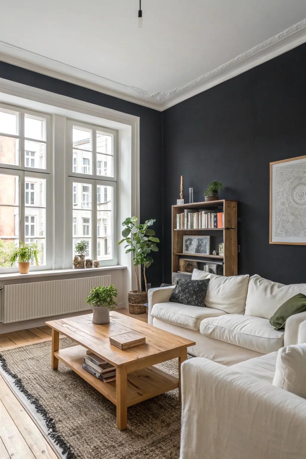 Dark accents add depth and contrast to a Scandinavian living room.