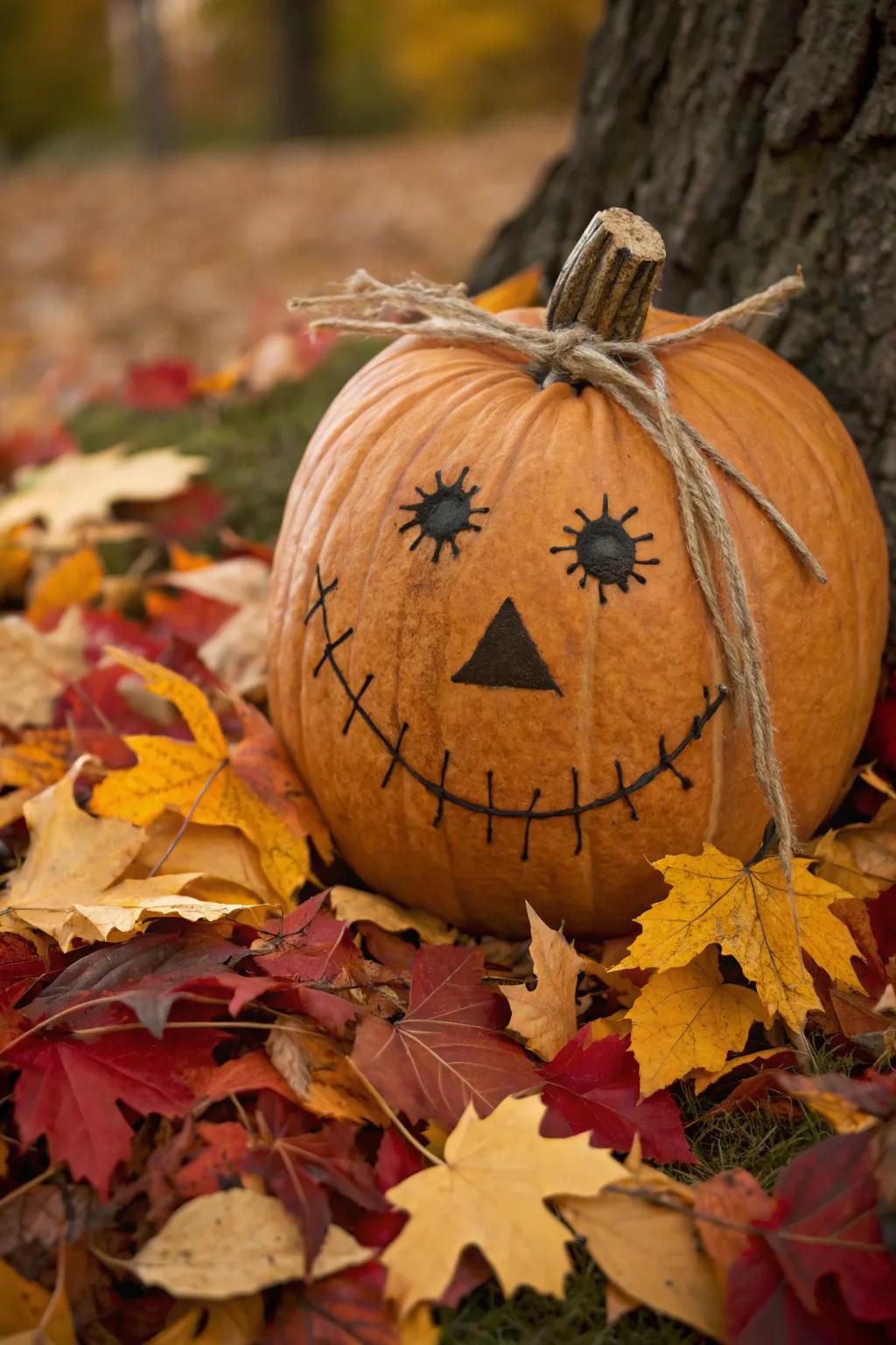 A string grin contributes dimension to this scarecrow pumpkin.