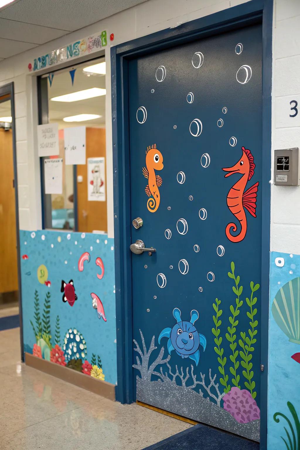 An exciting underwater-themed school door with sea creatures.