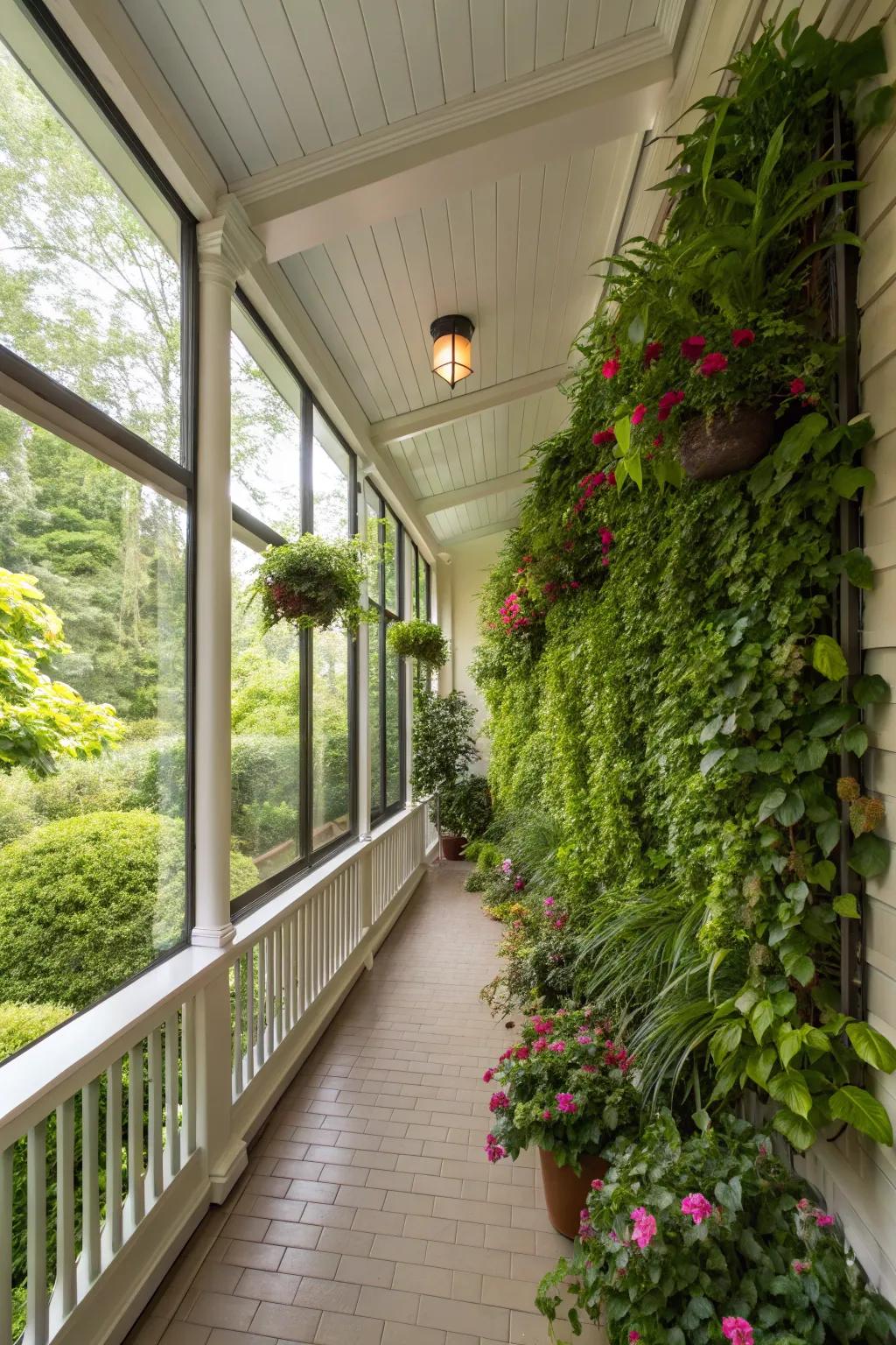 A green wall adds greenery and maximizes space.