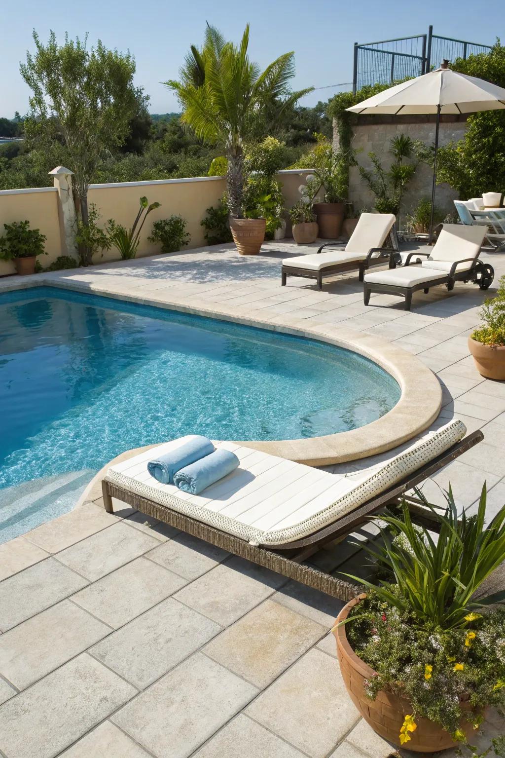 A semi inground pool featuring a restful sunbathing deck for sun indulgence.
