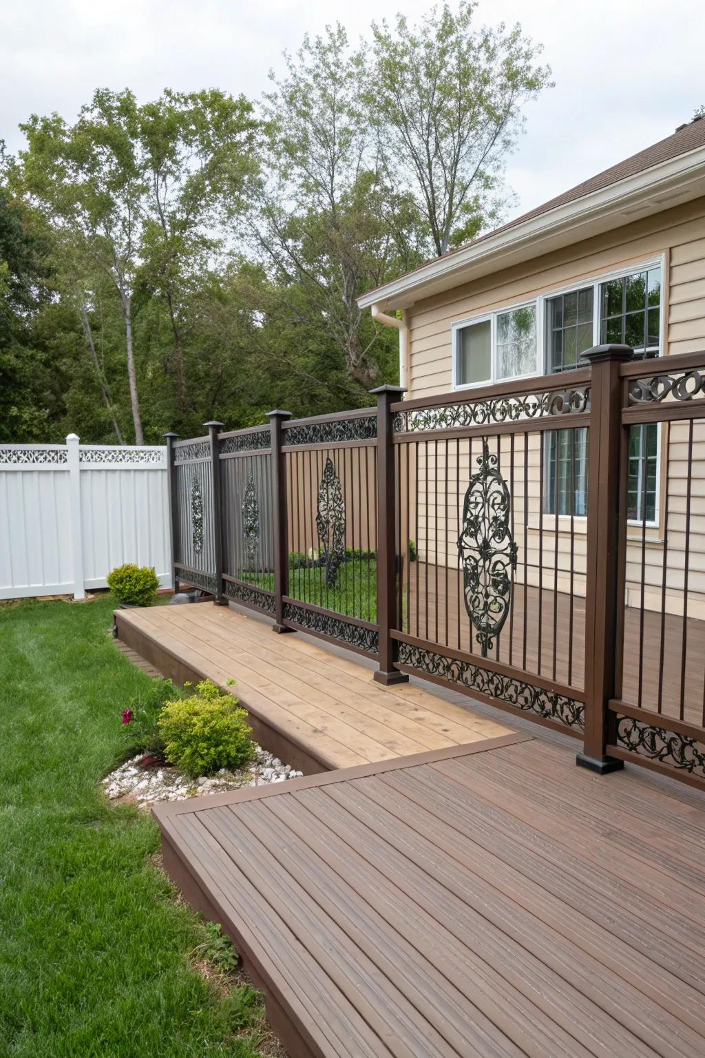 Ornamental metallic grilles deliver artistry and seclusion in this inviting outdoor area.