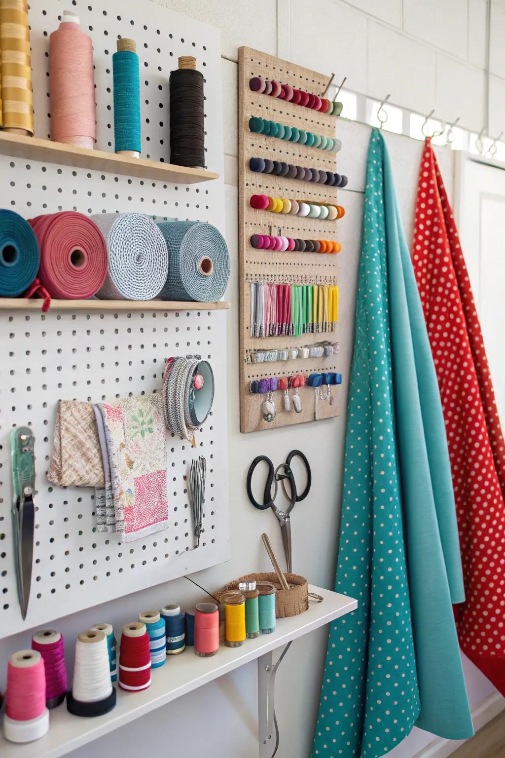 Turning organizing into art, a sewing supply wall.