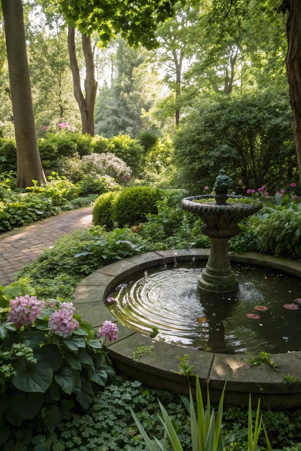 A water feature conveying peacefulness to a shady garden.