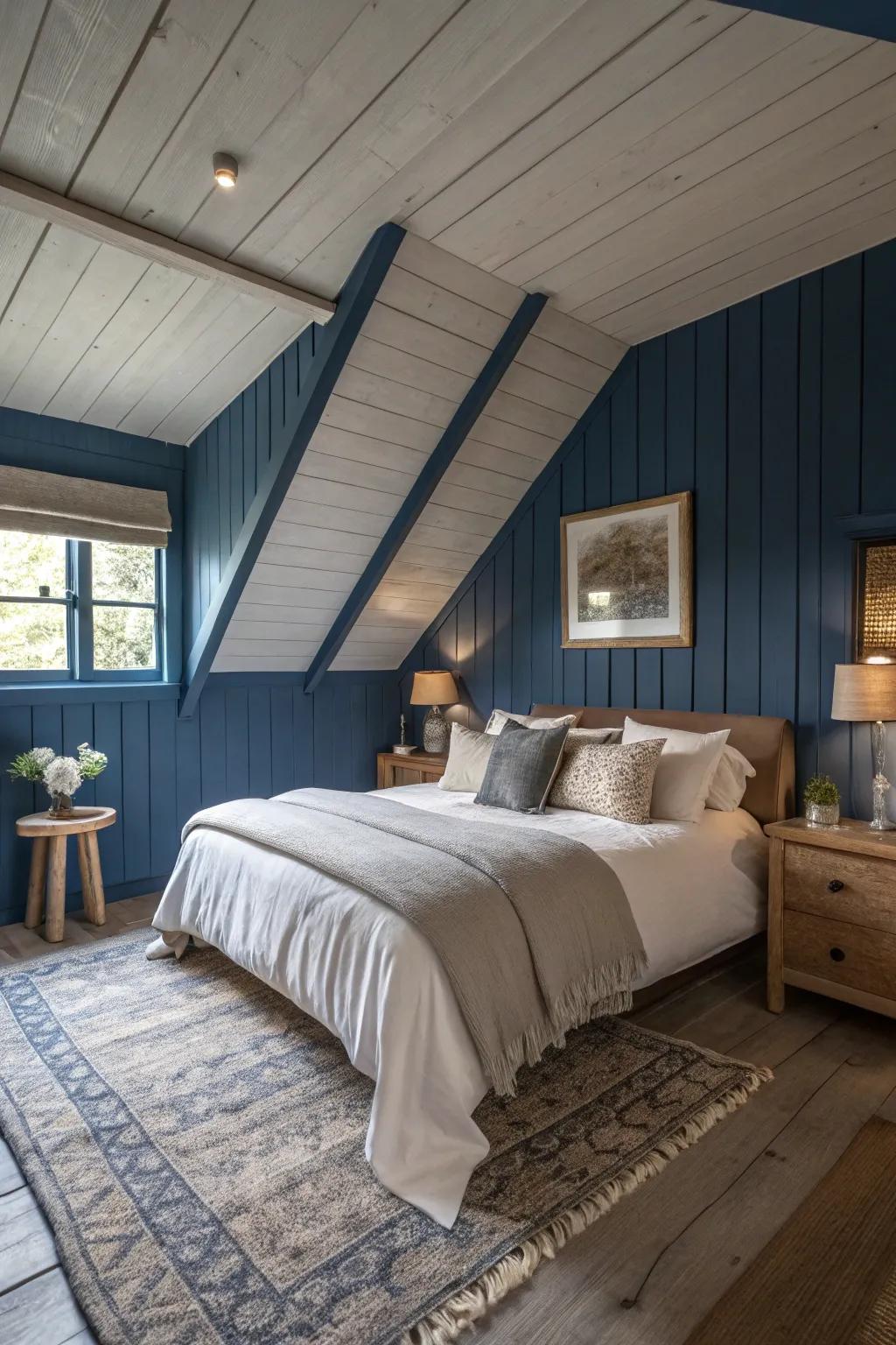 A calming dark blue shed ceiling situated in a cozy bedroom.