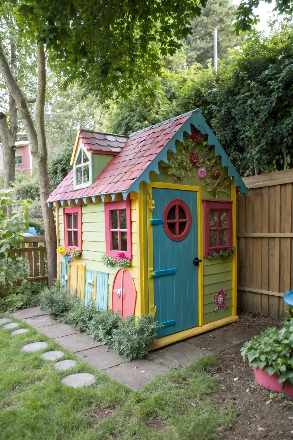 An outdoor shed designed as a playful playhouse for children.