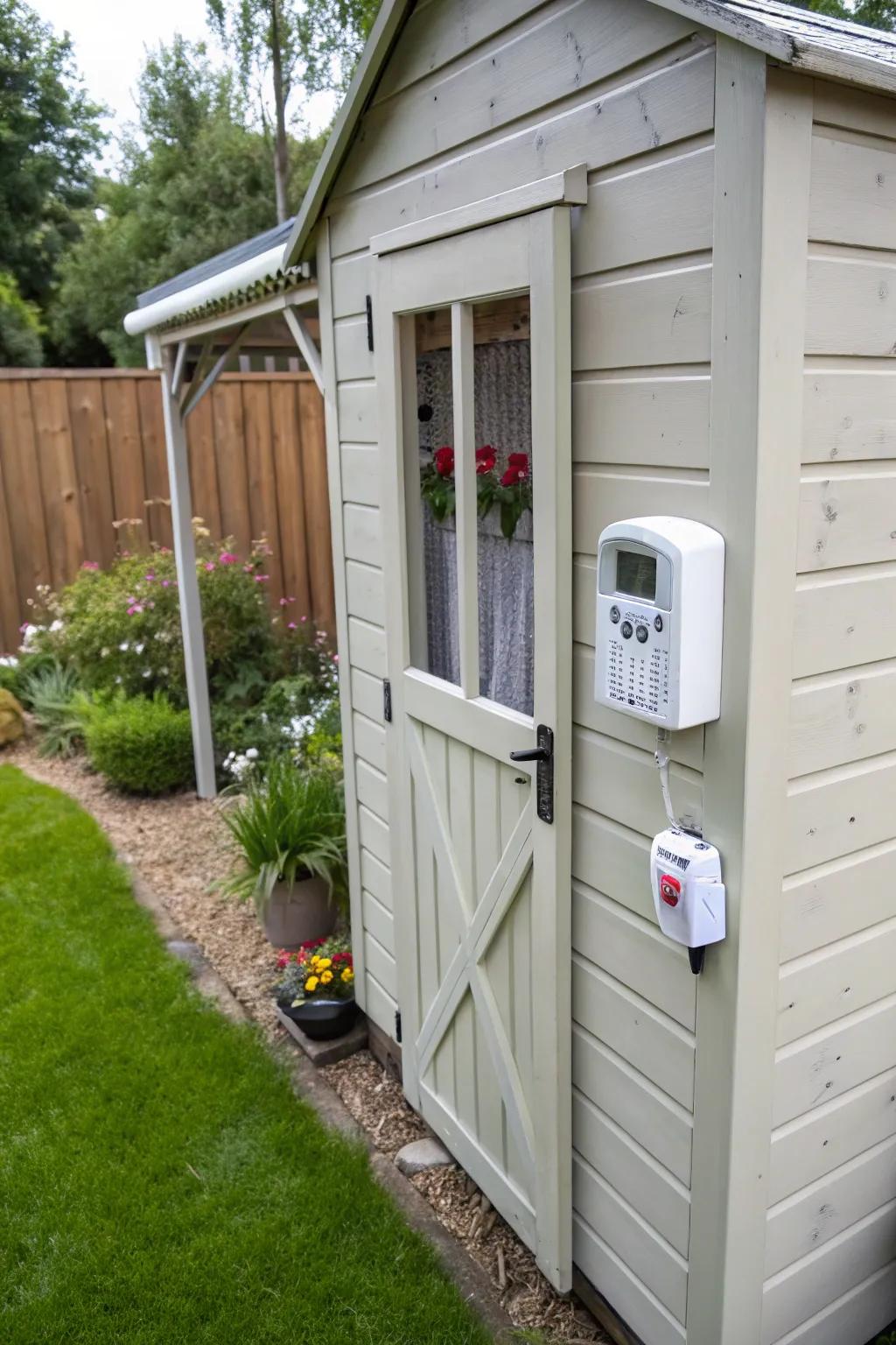 A shed security alarm activates, providing a loud deterrent to intruders.