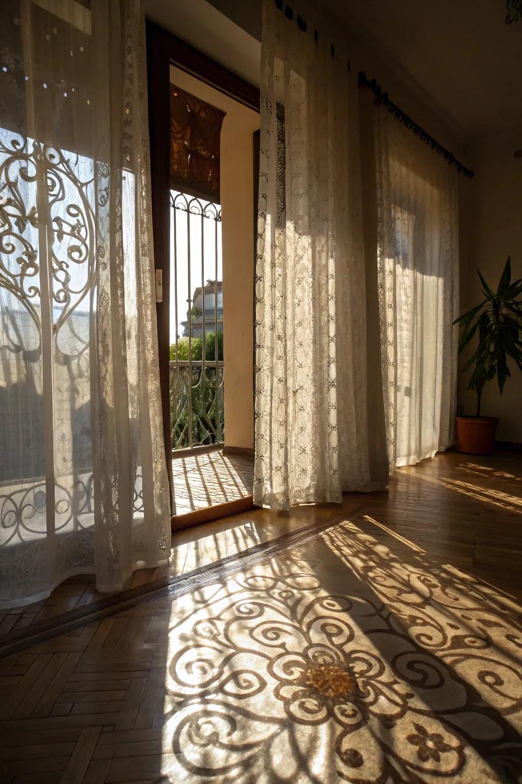 Patterned sheer curtains introduce visual interest and artistic playfulness to any space.