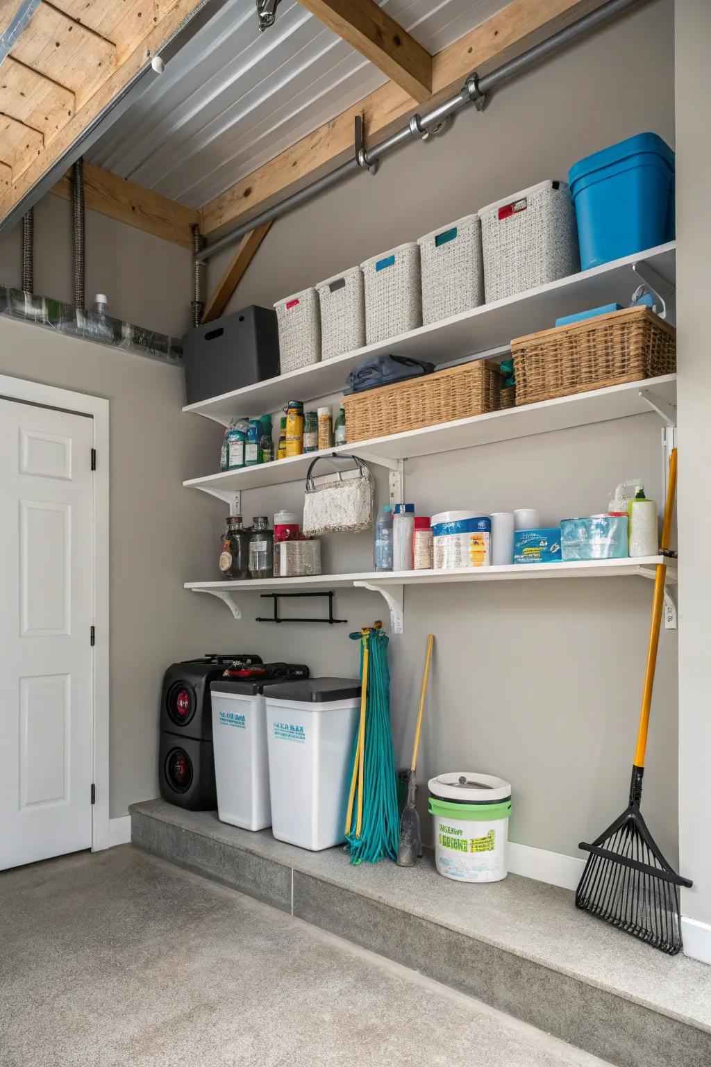 Ceiling-mounted shelves in a laundry room, utilizing vertical space for additional storage.