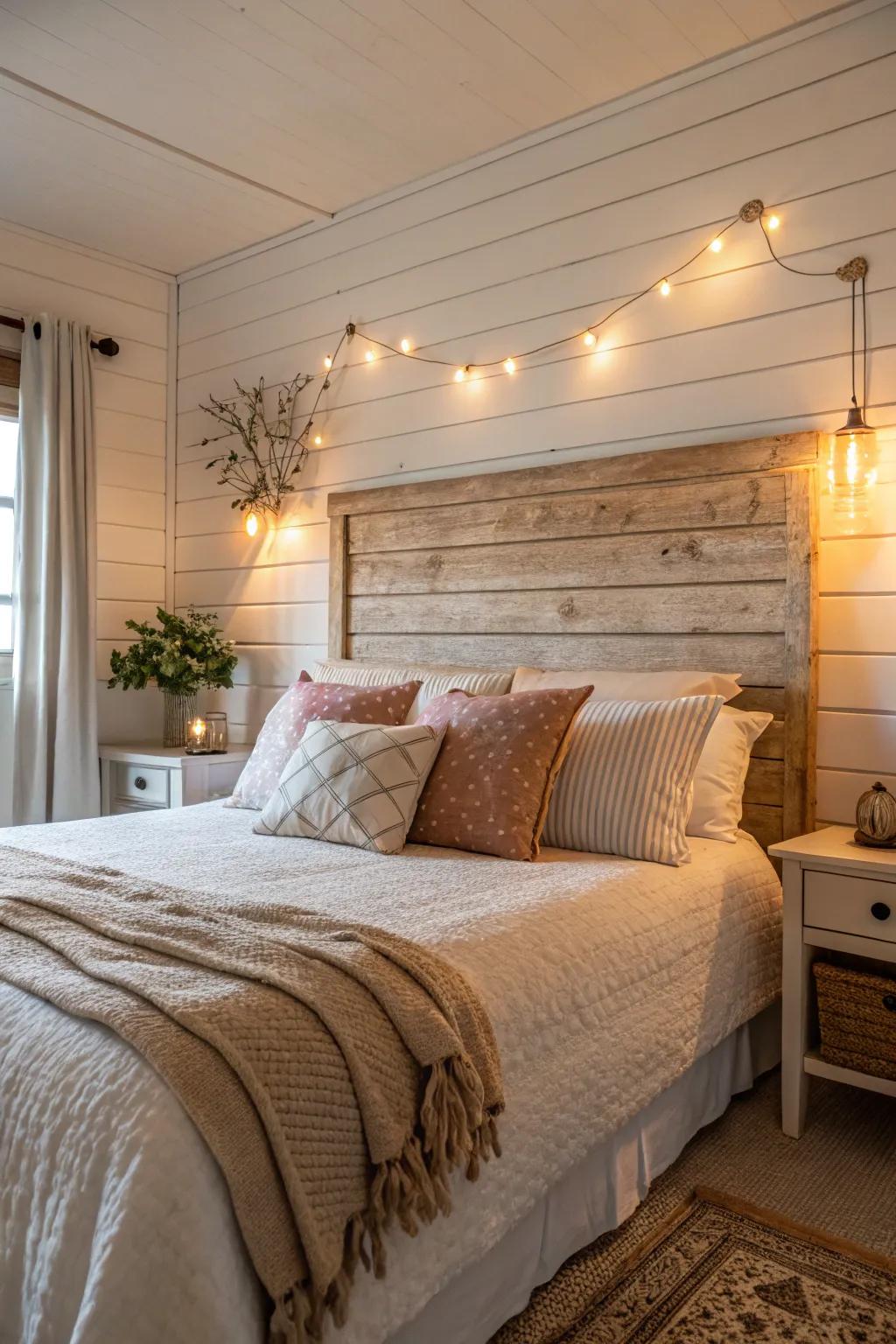 A shiplap headboard wall adds texture and charm to your bedroom.